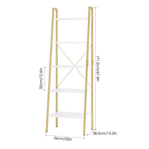 finetones 5-Tier Ladder Shelf, Gold Bookcase Bookshelf with Metal Frame, Display Shelf Plant Rack Accent Furniture for Home Office, White/Golden