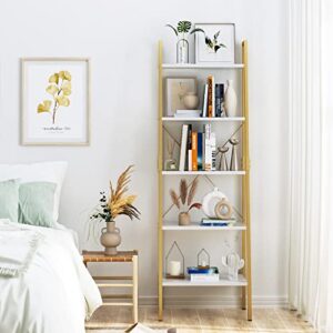 finetones 5-Tier Ladder Shelf, Gold Bookcase Bookshelf with Metal Frame, Display Shelf Plant Rack Accent Furniture for Home Office, White/Golden