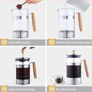 French Press Coffee Maker 27oz Stainless Steel Coffee Press High Level Filter Borosilicate Glass Heat Resistant Insulated Pot with Wooden Handle. Brew Coffee and Tea BPA Free