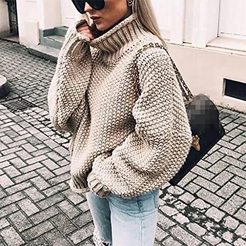 cooki Sweaters for Women, Womens Long Sleeve Turtleneck Oversized Solid Knitted Sweaters Pullover Outerwear Sweatshirt Tops Beige