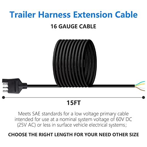 16AWG 15Feet 4 Flat Trailer Wire Trailer Harness Extenson Cable 4 Way Flat Trailer Connector