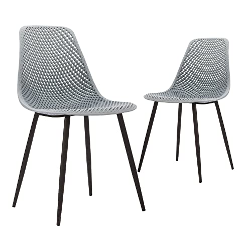 CangLong Modern, Outdoor Indoor Shell PP Lounge Side w/Mesh Design, Metal Legs, Tulip Leisure, DSW Chairs for Kitchen, Dining Room, Patio, Set of 2, Light Grey