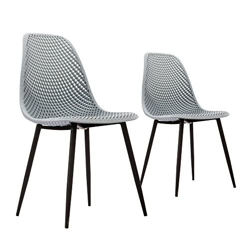 CangLong Modern, Outdoor Indoor Shell PP Lounge Side w/Mesh Design, Metal Legs, Tulip Leisure, DSW Chairs for Kitchen, Dining Room, Patio, Set of 2, Light Grey