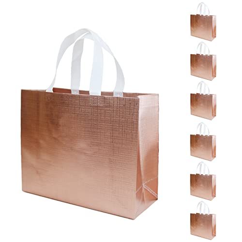 HUANN 6 Pcs Rose Gold Gift Bags Large Bachelorette Gift Bags Glossy Reusable Gift Bags Non-Woven Gift Bags for Bridesmaid Bachelorette Party Wedding Birthday Christmas 13 x 5 x 11 Inch