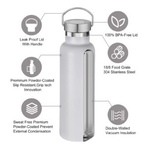 Neihepal White Stainless Steel Water Bottles,20 Ounce Vacuum Insulated Double Wall Travel Bottle with Leak Proof Lid of Handle,Metal Reusable Standard Mouth Flask Thermoses for School,Hikers,Gift