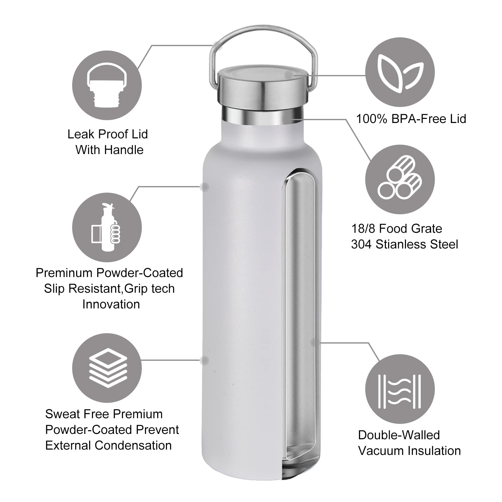 Neihepal White Stainless Steel Water Bottles,20 Ounce Vacuum Insulated Double Wall Travel Bottle with Leak Proof Lid of Handle,Metal Reusable Standard Mouth Flask Thermoses for School,Hikers,Gift