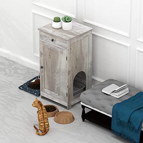 GiftGo Contemporary Home Hidden Cat Litter Box Enclosure Wooden Cabinet Furniture Cat Washroom Nightstand Storage Drawer, Inner Shelf, Arched Doorways (Greige)