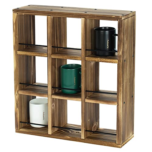 MyGift Wall Mounted Coffee Mug Display Rack, Rustic Burnt Wood Collectible Travel Mug Cup Holder Shadow Box Shelf