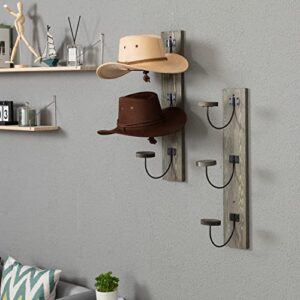 MyGift Wall Mounted Black Metal Wire Vertical Hat Display Rack with Vintage Gray Solid Wood Backing, Wall Baseball Cap Display, Entryway Hat and Coat Storage Hooks, Set of 2