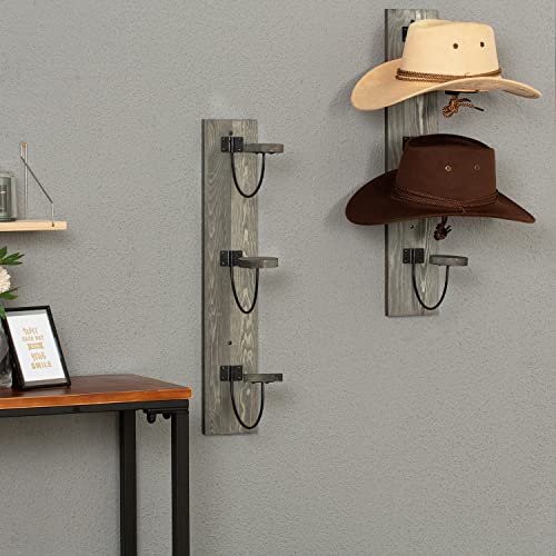 MyGift Wall Mounted Black Metal Wire Vertical Hat Display Rack with Vintage Gray Solid Wood Backing, Wall Baseball Cap Display, Entryway Hat and Coat Storage Hooks, Set of 2
