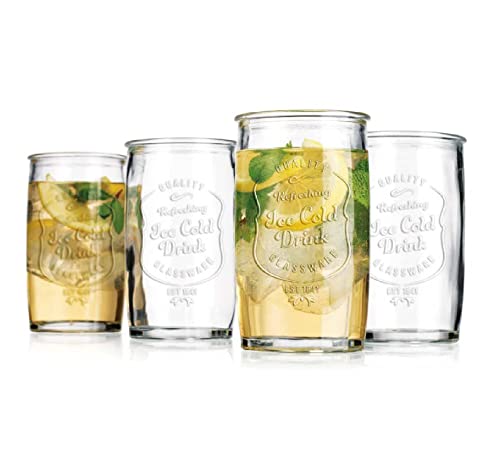 Glaver's Drinking Glasses Set of 4, Vintage Italian Style – Elegant 20 Oz Clear Tumbler Glassware Set– Genuine Artisan-Made for, Refreshing Drinks, Beverages, Cocktails. Dishwasher Safe