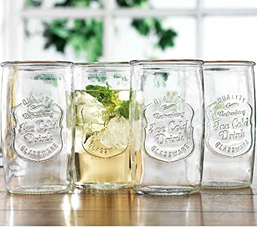 Glaver's Drinking Glasses Set of 4, Vintage Italian Style – Elegant 20 Oz Clear Tumbler Glassware Set– Genuine Artisan-Made for, Refreshing Drinks, Beverages, Cocktails. Dishwasher Safe