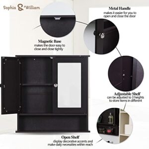 Sophia & William Mirrored Medicine Cabinet, Bathroom Wall Mounted Storage Cabinet with Double Mirror Doors and Adjustable Shelf, Coffee