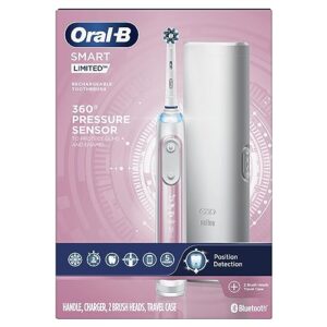 oral-b smart limited rechargeable electric powered toothbrush, pink with 2 brush heads and travel case - visible pressure sensor to protect gums – 6 brushing modes - 2 minute timer