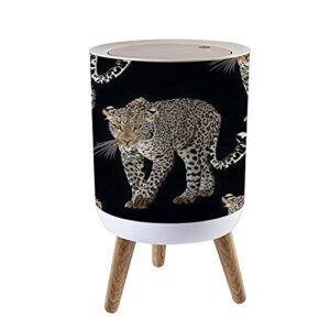 ibpnkfaz89 small trash can with lid sketch of walks leopard seamless leo animal print garbage bin wood waste bin press cover round wastebasket for bathroom bedroom kitchen 7l/1.8 gallon