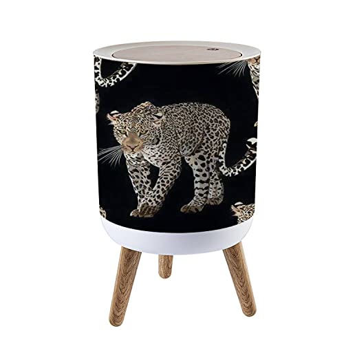 IBPNKFAZ89 Small Trash Can with Lid Sketch of Walks Leopard Seamless Leo Animal Print Garbage Bin Wood Waste Bin Press Cover Round Wastebasket for Bathroom Bedroom Kitchen 7L/1.8 Gallon