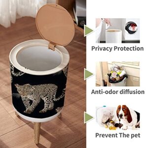 IBPNKFAZ89 Small Trash Can with Lid Sketch of Walks Leopard Seamless Leo Animal Print Garbage Bin Wood Waste Bin Press Cover Round Wastebasket for Bathroom Bedroom Kitchen 7L/1.8 Gallon