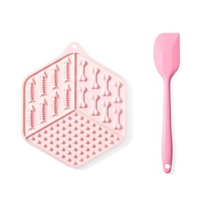caflower lick mat for dogs,cats lick mat with strong suction cups,food grade silicone mat with spatula，dog lick mat reduce dog&cats anxiety and boredom (pink, hexagonal)