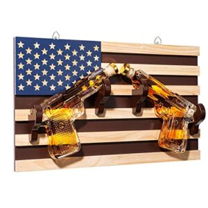 pistol whiskey decanter set of 2 300ml on american flag wall rack by the wine savant - tik tok gun decanter, veteran gifts, military gifts, home bar gifts, law enforcement gifts