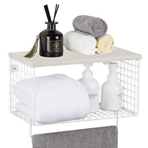 bathroom towel shelf for wall bathroom shelf with towel bar 2 tier wood floating shelves with towel rack and 6 hooks, white