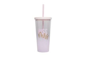 pearhead miss to mrs. tumbler, travel mug, reusable coffee cup, bride to be wedding accessory, bachelorette accessory, 22oz tumbler with lid and straw