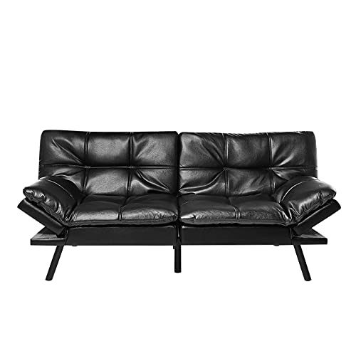 IULULU Futon Sofa, Faux Leather Couch Bed, Memory Foam Sleeper Daybed with Adjustable Backrest and Armrest for Studio, Apartment, Office, Small Space, loveseat, Black