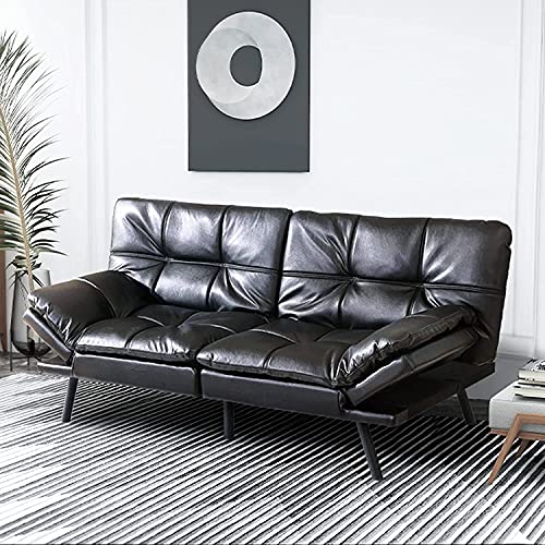 IULULU Futon Sofa, Faux Leather Couch Bed, Memory Foam Sleeper Daybed with Adjustable Backrest and Armrest for Studio, Apartment, Office, Small Space, loveseat, Black