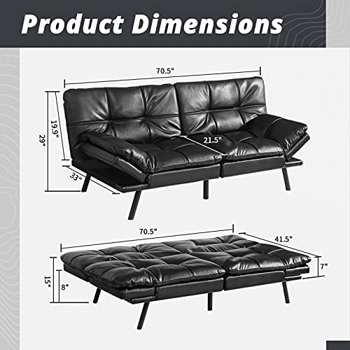 IULULU Futon Sofa, Faux Leather Couch Bed, Memory Foam Sleeper Daybed with Adjustable Backrest and Armrest for Studio, Apartment, Office, Small Space, loveseat, Black