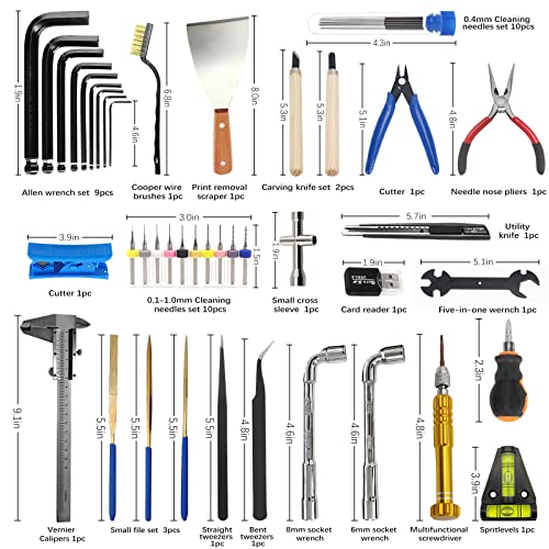 INF3DCOORD 55 Pcs 3D Print Tool Kit Box 2.0 with Cutting Tool, Cleaning Needles, Utility Knife,Screwdriver,Carving Knife,Tweezers,Flat File,Allen Wrench，Shovel,Metal Caliper, Model Tools