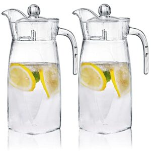 hacaroa 2 pack clear plastic pitcher with lid, 42 oz square water carafe with handle, iced tea pitcher beverage containers for juice, sangria, lemonade, heat-resistant, shatter-proof