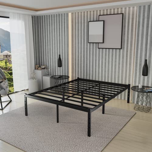 King Size Bed Frame/ 18 Inch High Heavy Duty Steel Slat Platform Bed Base/Mattress Foundation/Anti-Slip/Noise Free/Easy Assembly/No Box Spring Needed/Black