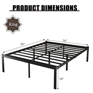 King Size Bed Frame/ 18 Inch High Heavy Duty Steel Slat Platform Bed Base/Mattress Foundation/Anti-Slip/Noise Free/Easy Assembly/No Box Spring Needed/Black