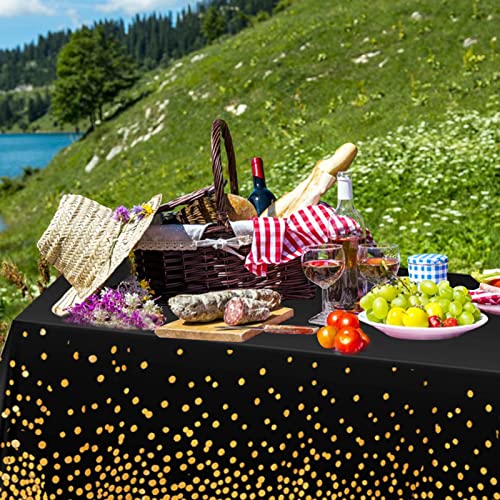 8 Pack Disposable Tablecloth 54" X 108" Rectangular Table Cover Gold Dot Black Table Cloths Waterproof Parties Tablecloths for Indoor or Outdoor Events, BBQ, Party, Wedding, Graduation, Thanksgiving