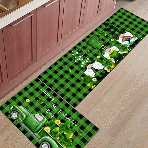 St. Patrick's Day Kitchen Mats Set of 2, Irish Gnomes Floor Mat Home Seasonal Spring Doormat Holiday Party Low-Profile Kitchen Rugs Runner 15.7" x 23.6"+15.7" x 47.2" (Green Truck)