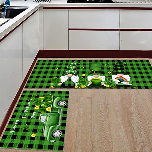 St. Patrick's Day Kitchen Mats Set of 2, Irish Gnomes Floor Mat Home Seasonal Spring Doormat Holiday Party Low-Profile Kitchen Rugs Runner 15.7" x 23.6"+15.7" x 47.2" (Green Truck)