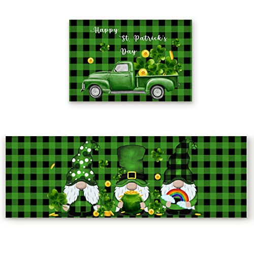 St. Patrick's Day Kitchen Mats Set of 2, Irish Gnomes Floor Mat Home Seasonal Spring Doormat Holiday Party Low-Profile Kitchen Rugs Runner 15.7" x 23.6"+15.7" x 47.2" (Green Truck)