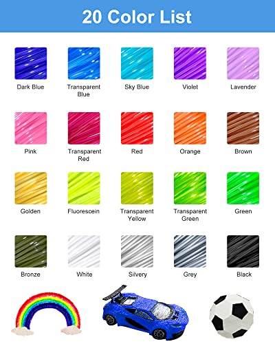 3D Pen PLA Filament Refills, 20 Colors 1.75mm Premium Printing Filament for 3D Printer and 3D Pen, Each Color 16 Feet, Total 320 feet, with 2 Finger Caps by RIEOS