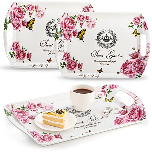 ZEAYEA 3 Pack Melamine Serving Tray, Large Serving Platter with Handle for Eating, 16" x 11.4" Rectangular Stackable Food Tray with Floral Print for Home, Party, Restaurant, Picnic