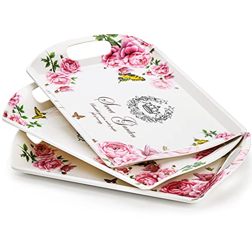 ZEAYEA 3 Pack Melamine Serving Tray, Large Serving Platter with Handle for Eating, 16" x 11.4" Rectangular Stackable Food Tray with Floral Print for Home, Party, Restaurant, Picnic