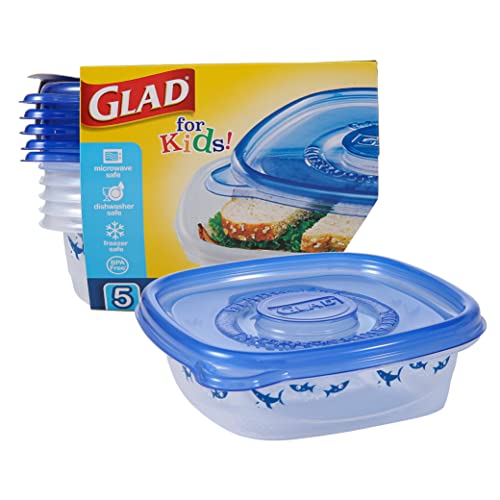 Glad for Kids Sharks GladWare Medium Lunch Square Food Storage Containers with Lids | 25 oz Kids Food Containers with Shark Design, 5 Count Set | Airtight Food Storage Containers for Food