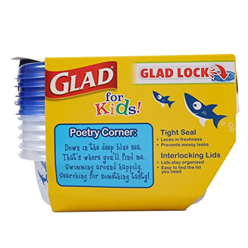 Glad for Kids Sharks GladWare Medium Lunch Square Food Storage Containers with Lids | 25 oz Kids Food Containers with Shark Design, 5 Count Set | Airtight Food Storage Containers for Food