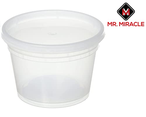 Mr. Miracle Deli Containers with Lids - 12 Pack of 16 oz Clear Airtight Reusable Plastic Food and Multi-Purpose Containers - Microwave, Freezer, and Dishwasher Safe