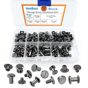 90 Sets Chicago Screws Assorted Kit, 6 Sizes of Round Flat Head Leather Rivets Metal Screw Studs for DIY Leather Craft and Bookbinding (M5 X 4, 5, 6, 8, 10, 12) (Black)