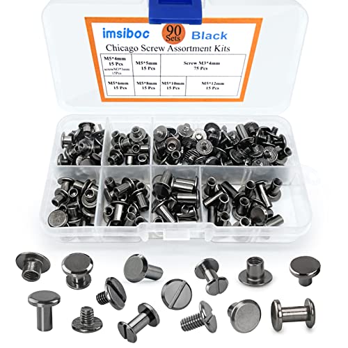 90 Sets Chicago Screws Assorted Kit, 6 Sizes of Round Flat Head Leather Rivets Metal Screw Studs for DIY Leather Craft and Bookbinding (M5 X 4, 5, 6, 8, 10, 12) (Black)