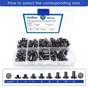 90 Sets Chicago Screws Assorted Kit, 6 Sizes of Round Flat Head Leather Rivets Metal Screw Studs for DIY Leather Craft and Bookbinding (M5 X 4, 5, 6, 8, 10, 12) (Black)