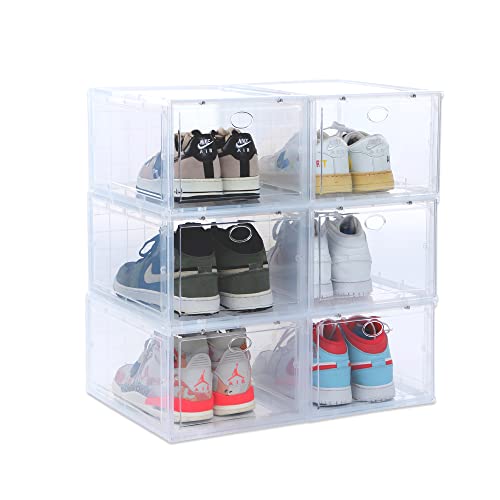 OMOPIN Shoe Boxes Clear Plastic Stackable, Drop Front Shoe Box, 6 Pack Shoe Storage Boexes, Sneaker Storage Shoe Containers for Size 12