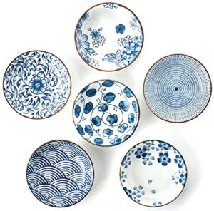 weunum soy sauce bowls/dishes set of 6, 4 inch dipping bowls sushi plates and appetizer dessert small bowls for charcuterie board,3 oz porcelain pinch bowls for kitchen prep(blue mixed)