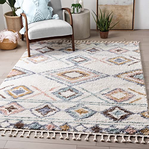 Well Woven Anetta Multi Ivory Tribal Diamonds Medallion Retro Shag (5'3" x 7'3") Area Rug