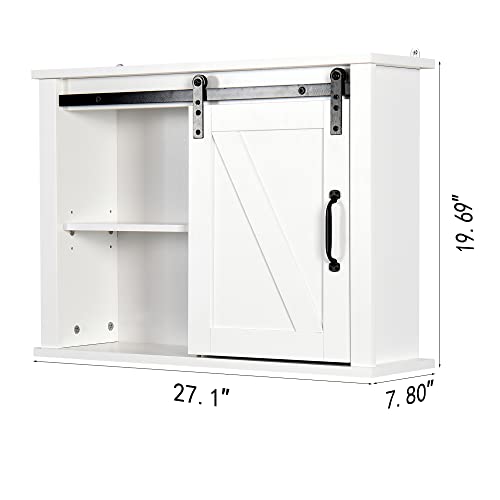 SSLine Vintage White Bathroom Wall Cabinet Wooden Medicine Cabinet Wall-Mounted Kitchen Storage Cabinets Space Saving Organizer with Sliding Barn Door and Shelves