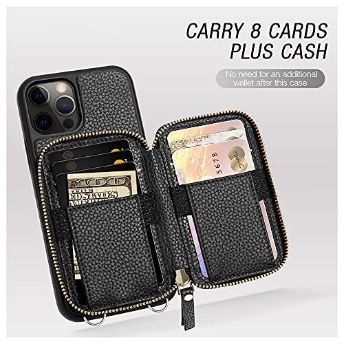 ZVE iPhone 13 Pro Wallet Case, iPhone 13 Pro Crossbody Case with Leather RFID Blocking Card Holder Crossbody Strap, Zipper Protective Cover Designed for Apple iPhone 13 Pro 6.1"-Black